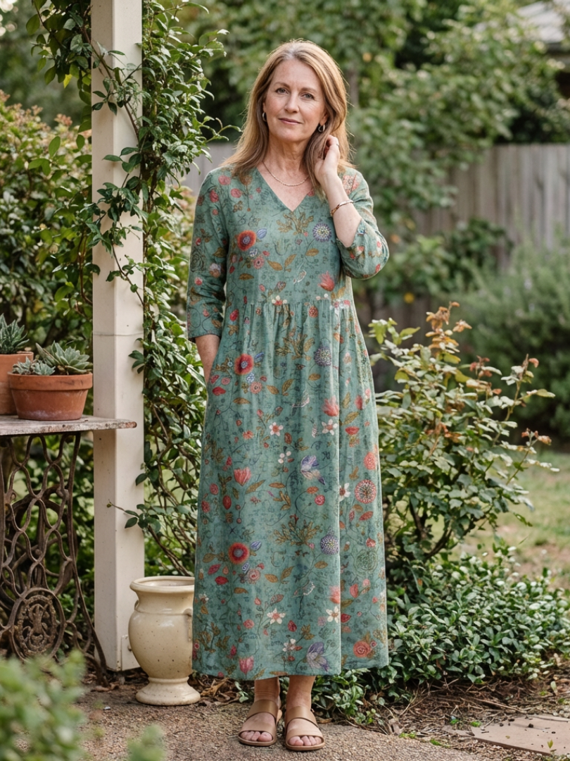 Marina | Robe Maxi à Manches Trois Quarts à Col V Floral