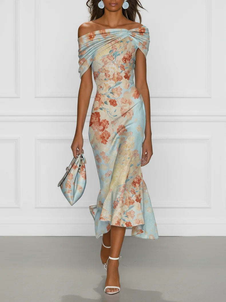 Vittoria - Robe Midi sans Manches en Style Sirène avec Imprimé Floral Bleu
