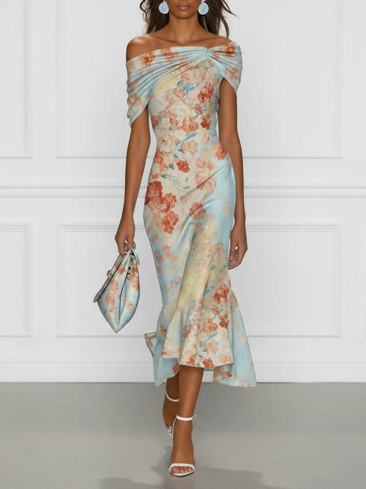 Vittoria - Robe Midi sans Manches en Style Sirène avec Imprimé Floral Bleu