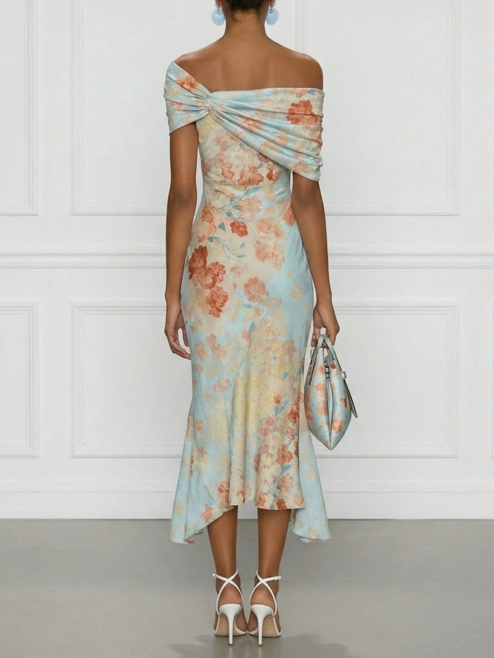 Vittoria - Robe Midi sans Manches en Style Sirène avec Imprimé Floral Bleu