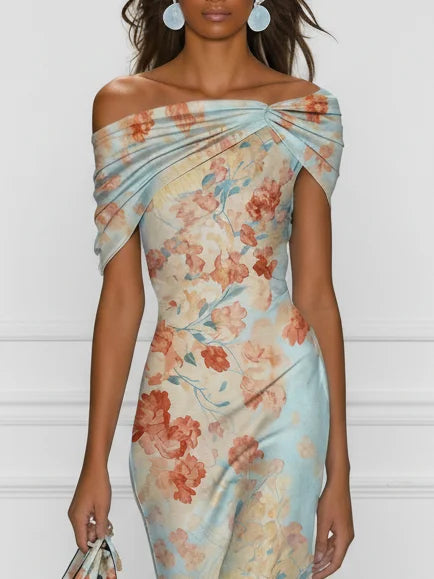 Vittoria - Robe Midi sans Manches en Style Sirène avec Imprimé Floral Bleu