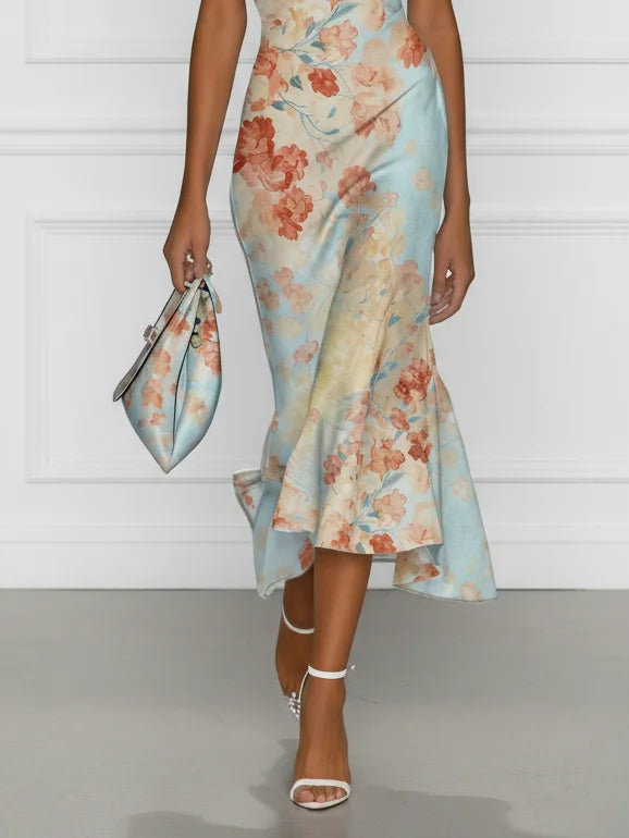 Vittoria - Robe Midi sans Manches en Style Sirène avec Imprimé Floral Bleu