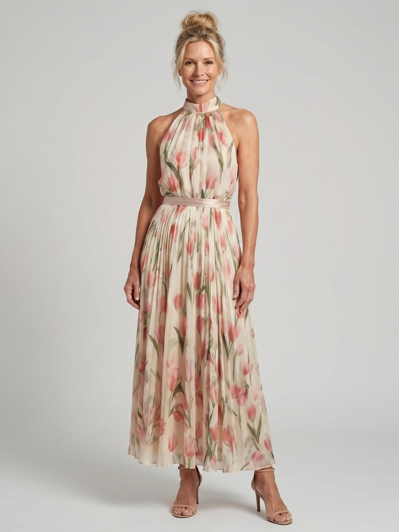 Aurelle | Robe Midi Florale avec Décolleté Halter