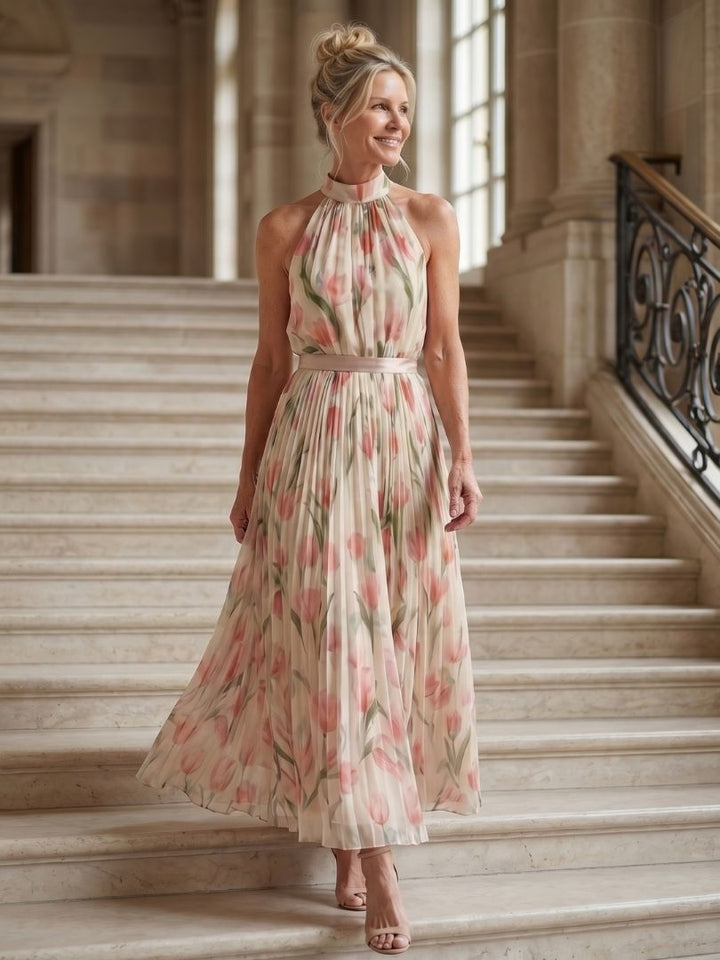 Aurelle | Robe Midi Florale avec Décolleté Halter