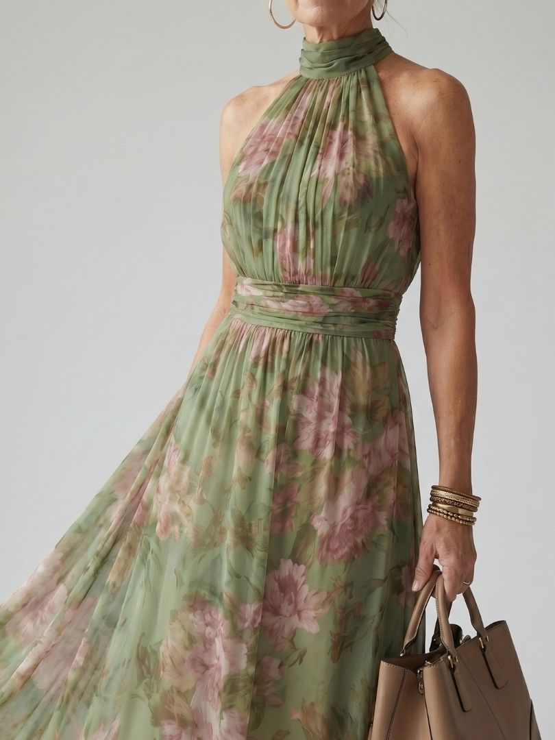 Mirelle | Robe Midi Halter Froncée Florale