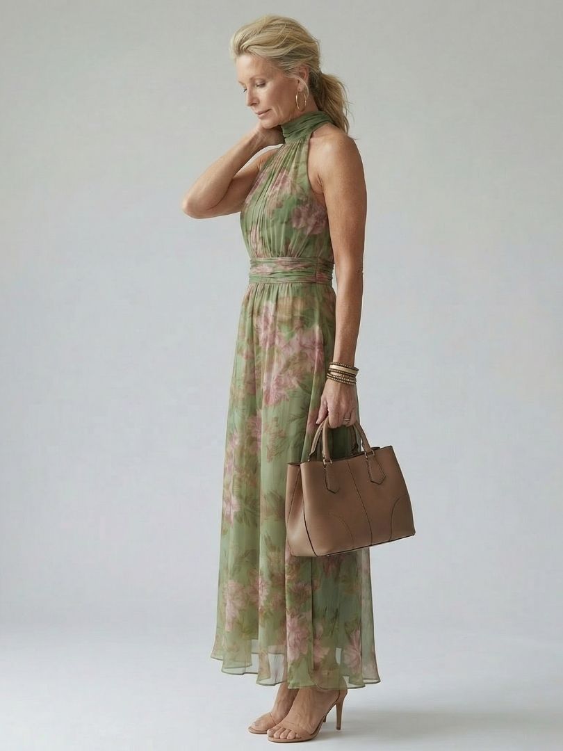 Mirelle | Robe Midi Halter Froncée Florale