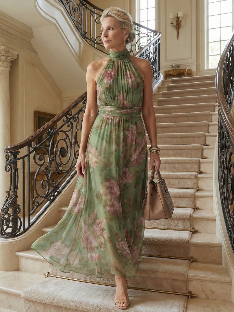 Mirelle | Robe Midi Halter Froncée Florale