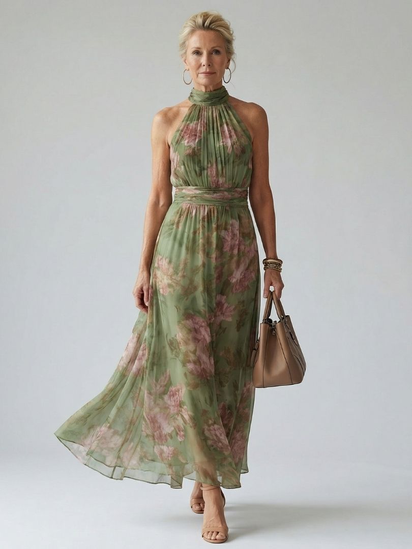 Mireille | Robe Midi à Encolure Halter Rassemblée