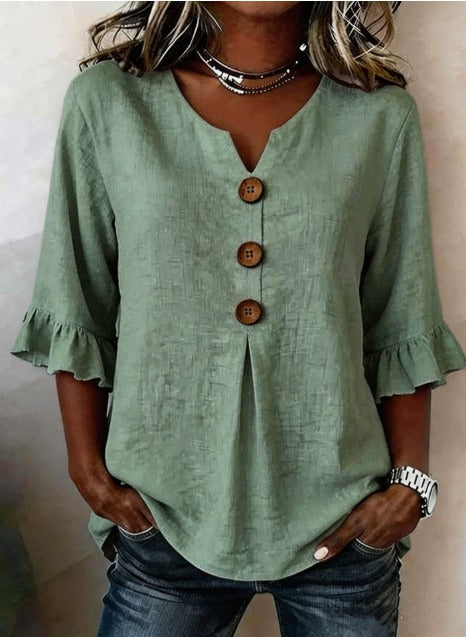 Blouse Sophia unie en coton-lin avec boutons en bois et volant