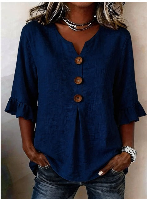 Blouse Sophia unie en coton-lin avec boutons en bois et volant