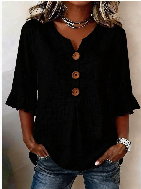 Blouse Sophia unie en coton-lin avec boutons en bois et volant