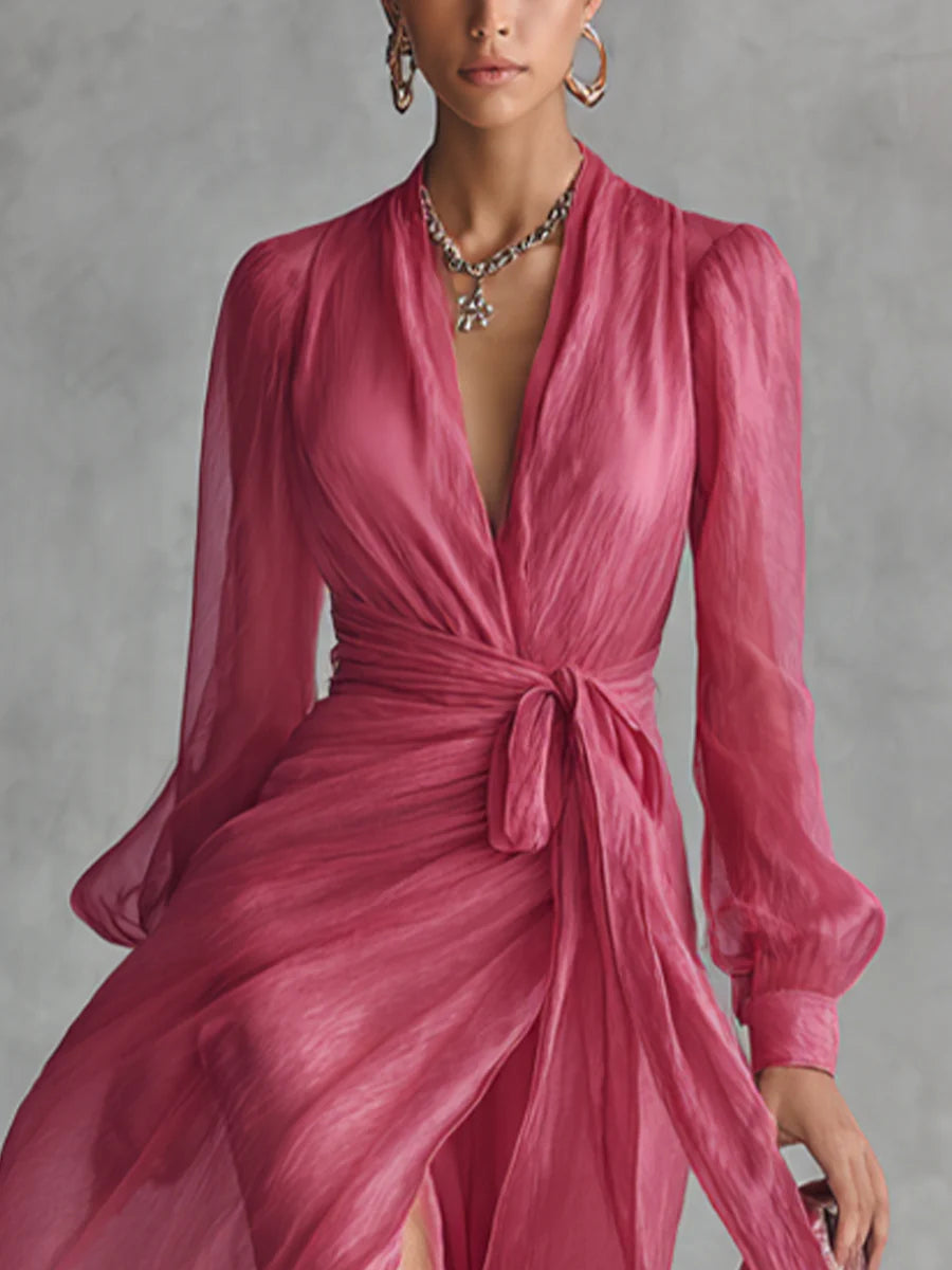 Beatrice | Robe Longue Élégante en à Décolleté en V et Ceinture à Nouer