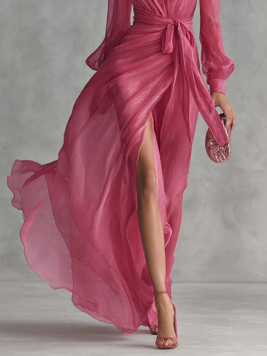 Beatrice | Robe Longue Élégante en à Décolleté en V et Ceinture à Nouer