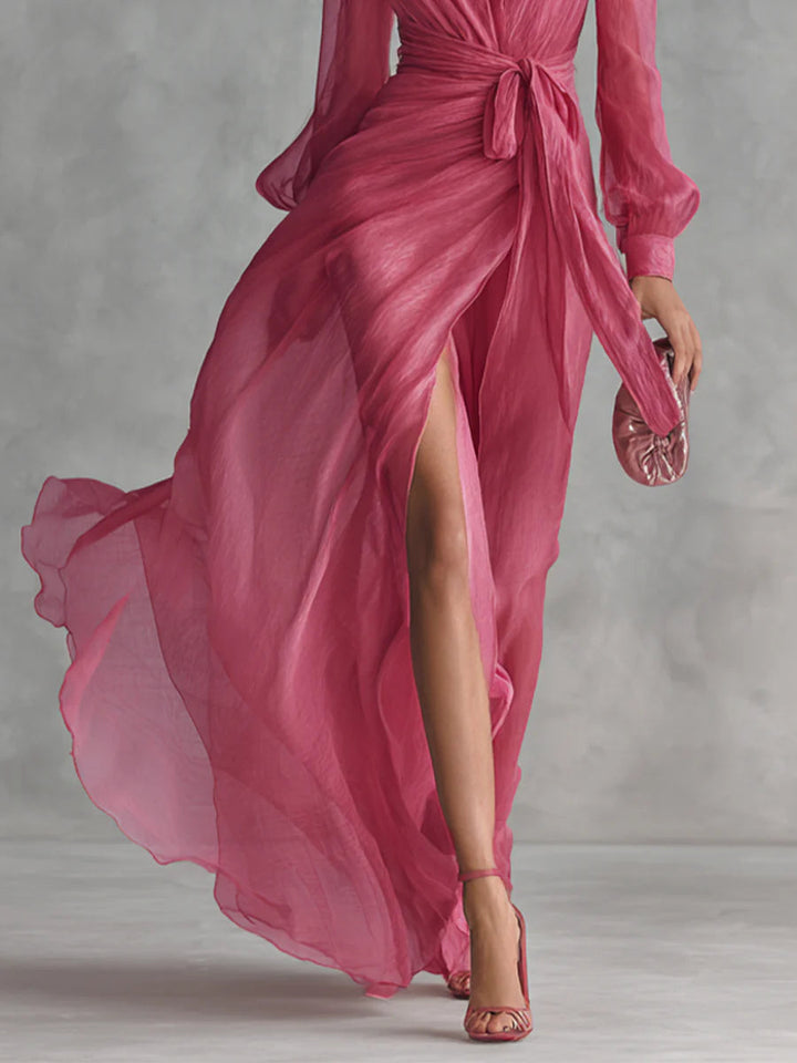 Beatrice | Robe Longue Élégante en à Décolleté en V et Ceinture à Nouer