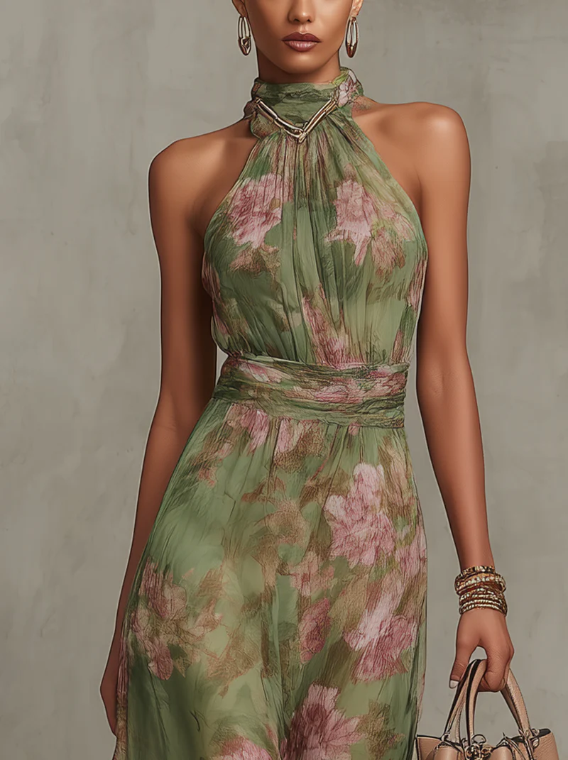 Serena - Robe longue en chiffon vert avec décolleté halter