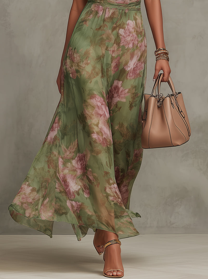 Serena - Robe longue en chiffon vert avec décolleté halter