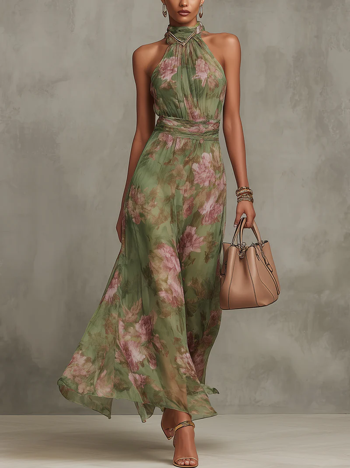 Serena - Robe longue en chiffon vert avec décolleté halter