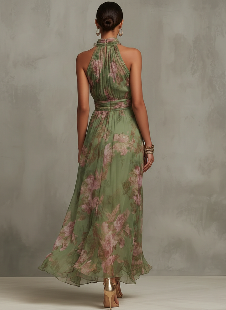 Serena - Robe longue en chiffon vert avec décolleté halter