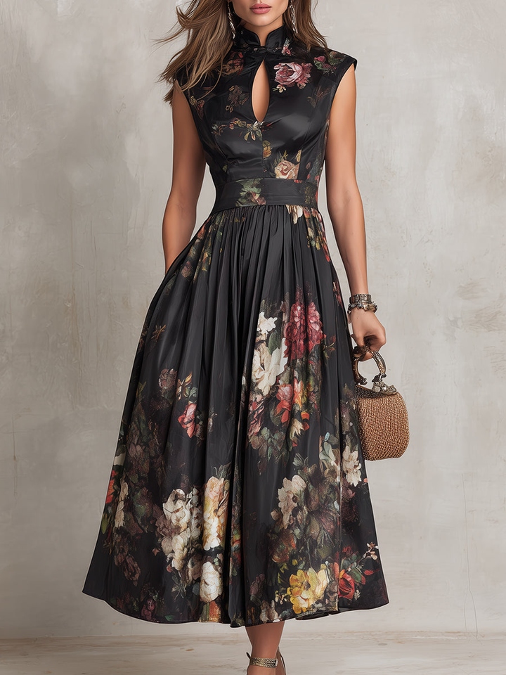 Violetta - Robe midi en satin noir plissé avec motif floral et décolleté en forme de clé