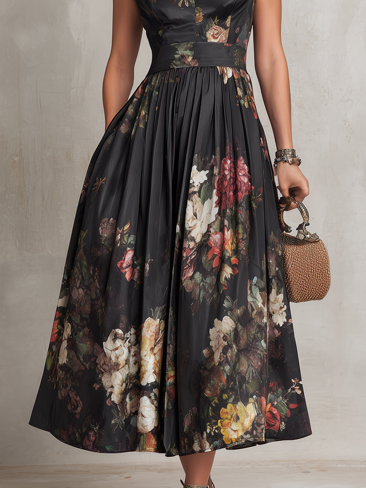 Violetta - Robe midi en satin noir plissé avec motif floral et décolleté en forme de clé