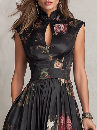 Violetta - Robe midi en satin noir plissé avec motif floral et décolleté en forme de clé