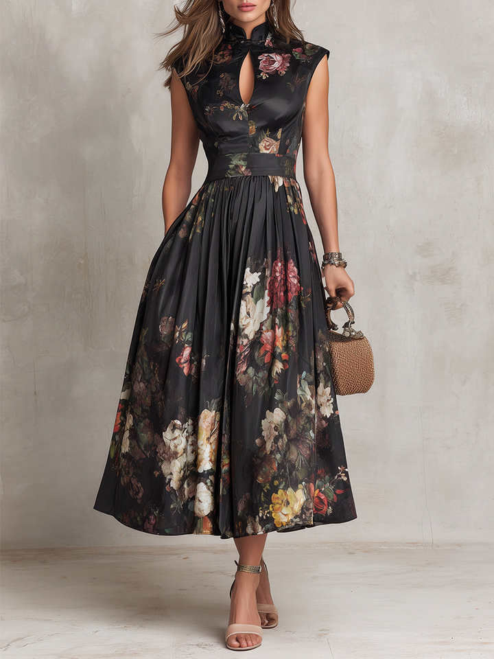 Violetta - Robe midi en satin noir plissé avec motif floral et décolleté en forme de clé