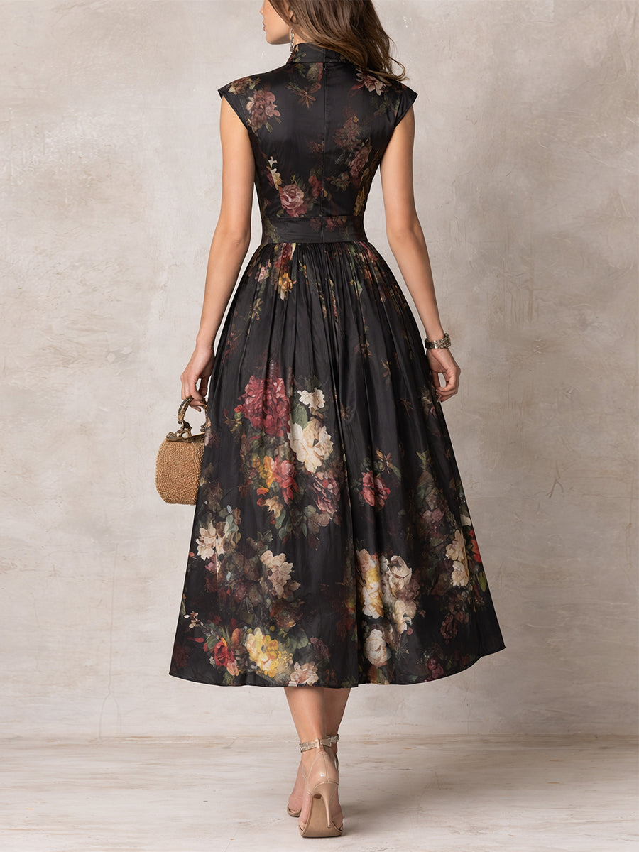 Violetta - Robe midi en satin noir plissé avec motif floral et décolleté en forme de clé