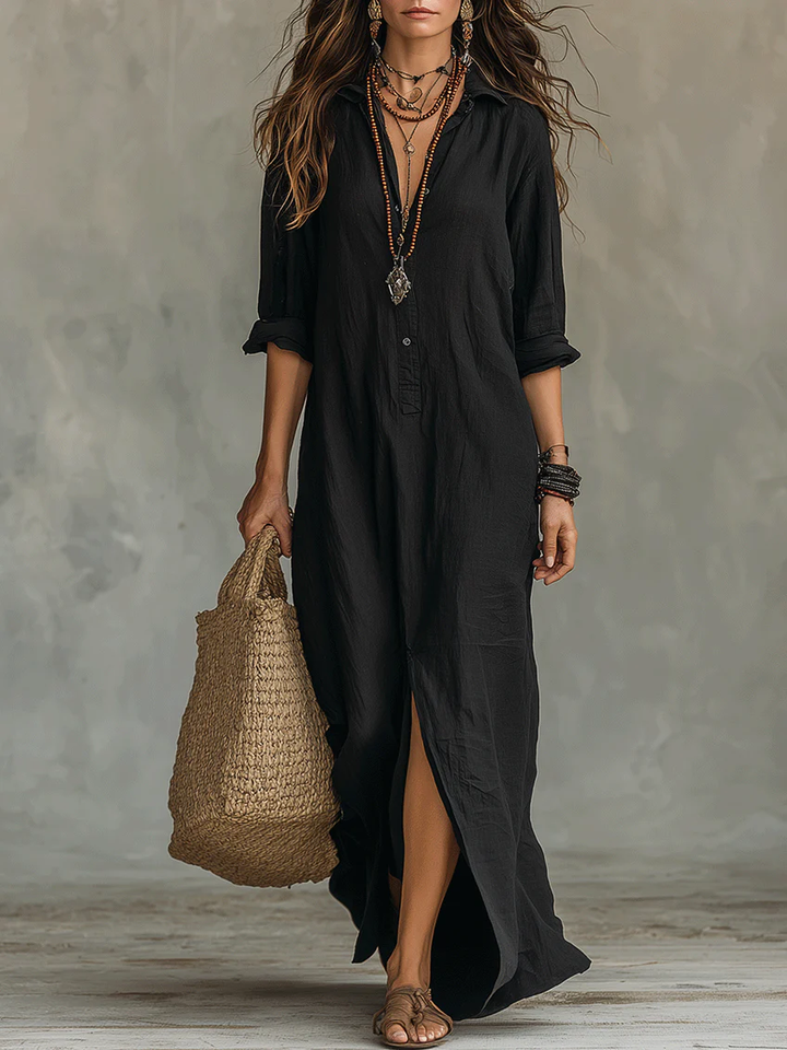 Soline™ | Robe maxi noire avec des boutons