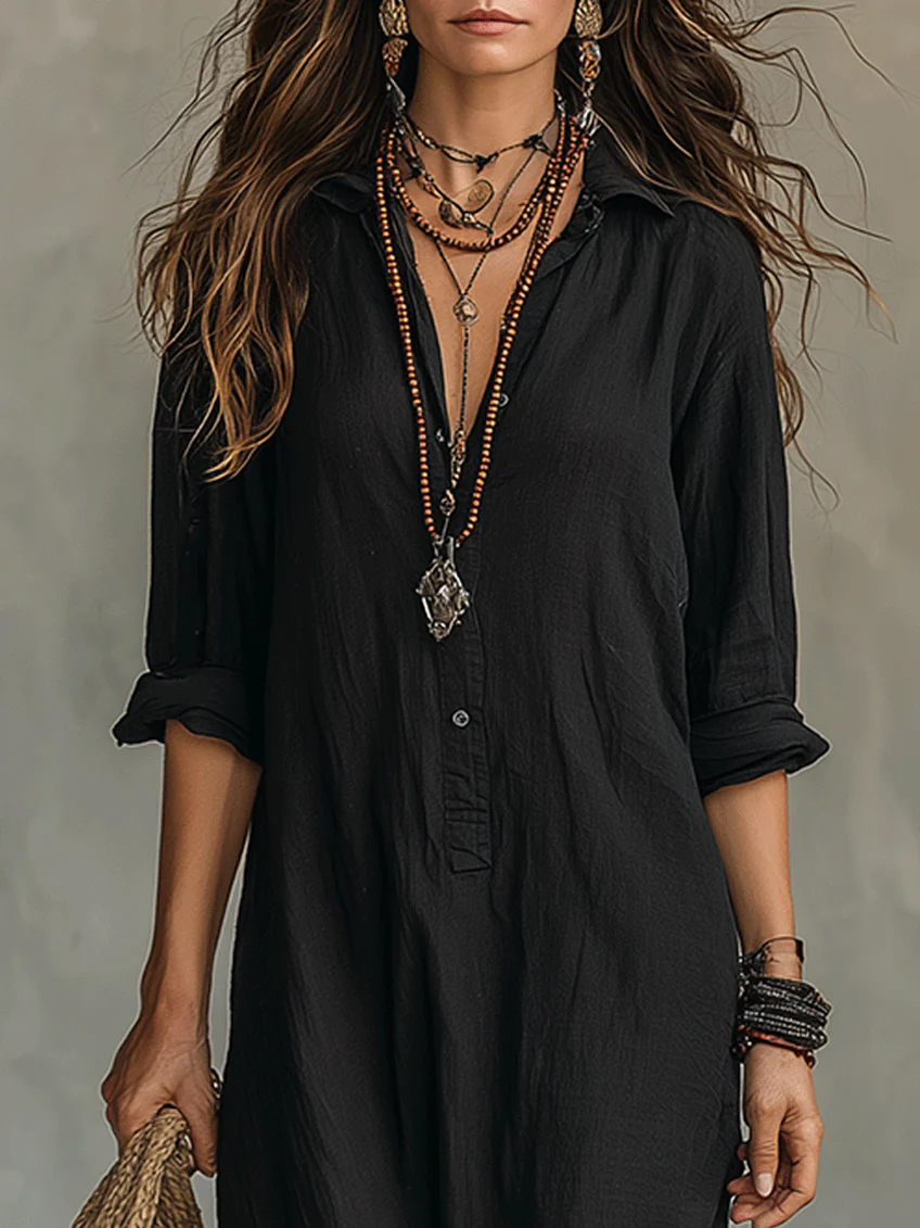 Lyris™ | Robe maxi noire ample à boutons