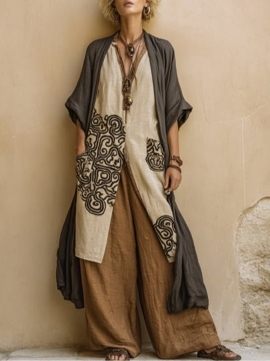 Giulia - Ensemble de Trois Pièces Bohème Nomade Gris Foncé et Brun avec Motif Tribal
