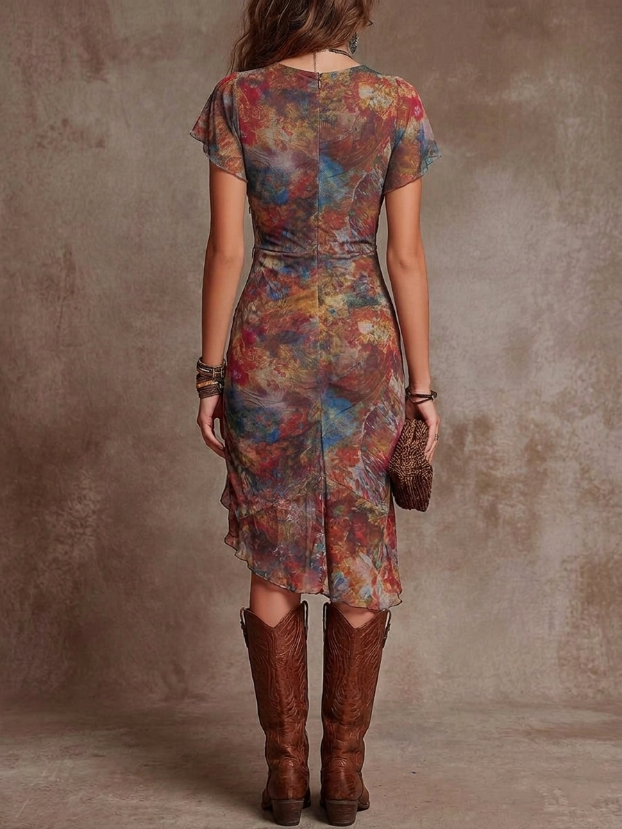 Martina - Robe midi avec plis et décolleté en V, imprimé d'art abstrait dans un style bohémien