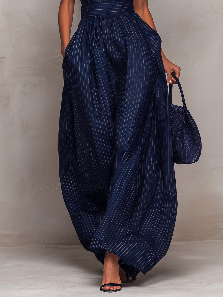 Anna - Combinaison à rayures bleu foncé avec découpe en cœur et pantalon large
