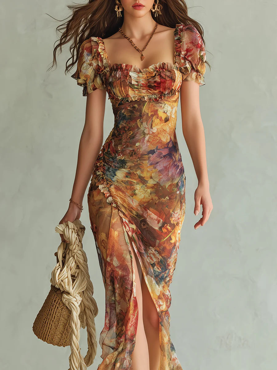 Viola - Robe longue en chiffon orange avec impression de peinture à l'huile dans un style bohème