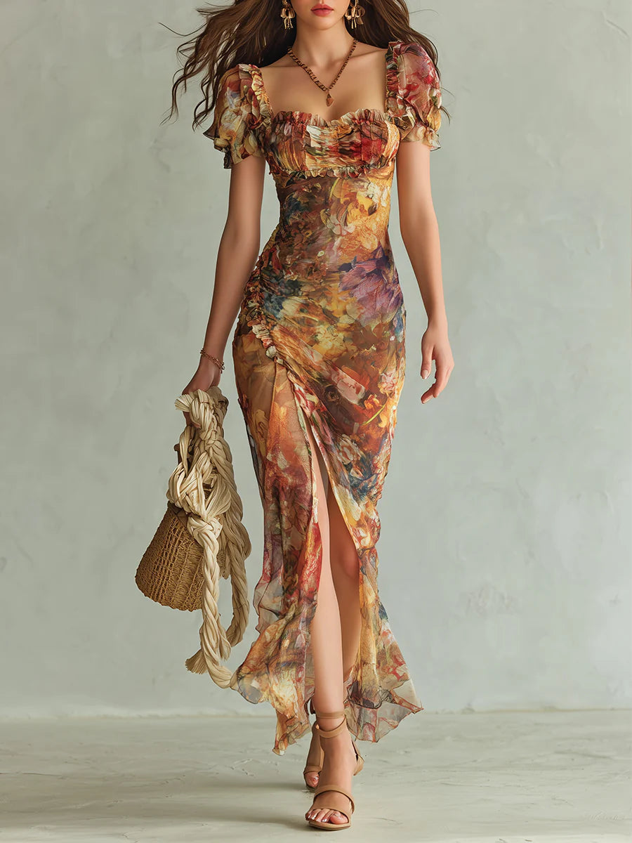 Viola - Robe longue en chiffon orange avec impression de peinture à l'huile dans un style bohème