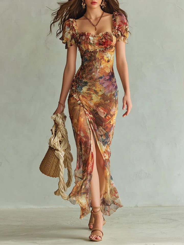 Viola - Robe longue en chiffon orange avec impression de peinture à l'huile dans un style bohème