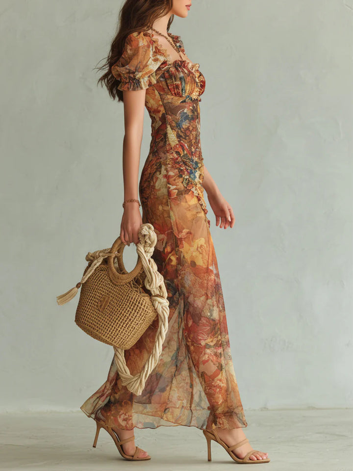 Viola - Robe longue en chiffon orange avec impression de peinture à l'huile dans un style bohème