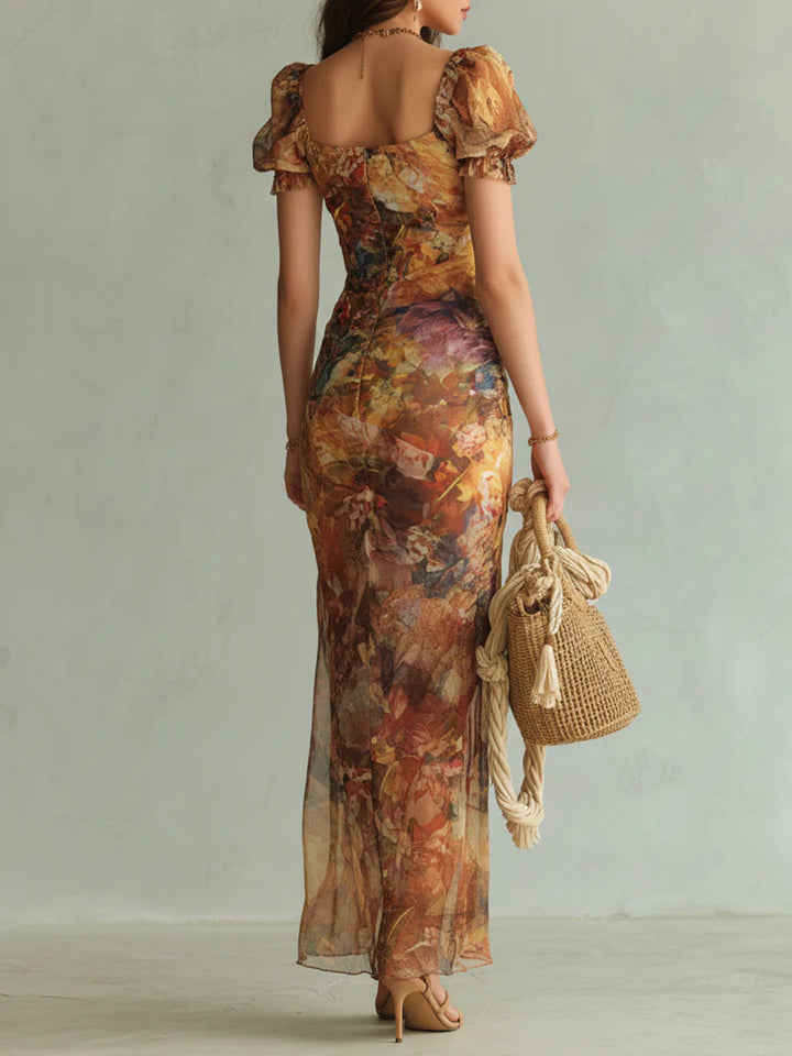 Viola - Robe longue en chiffon orange avec impression de peinture à l'huile dans un style bohème