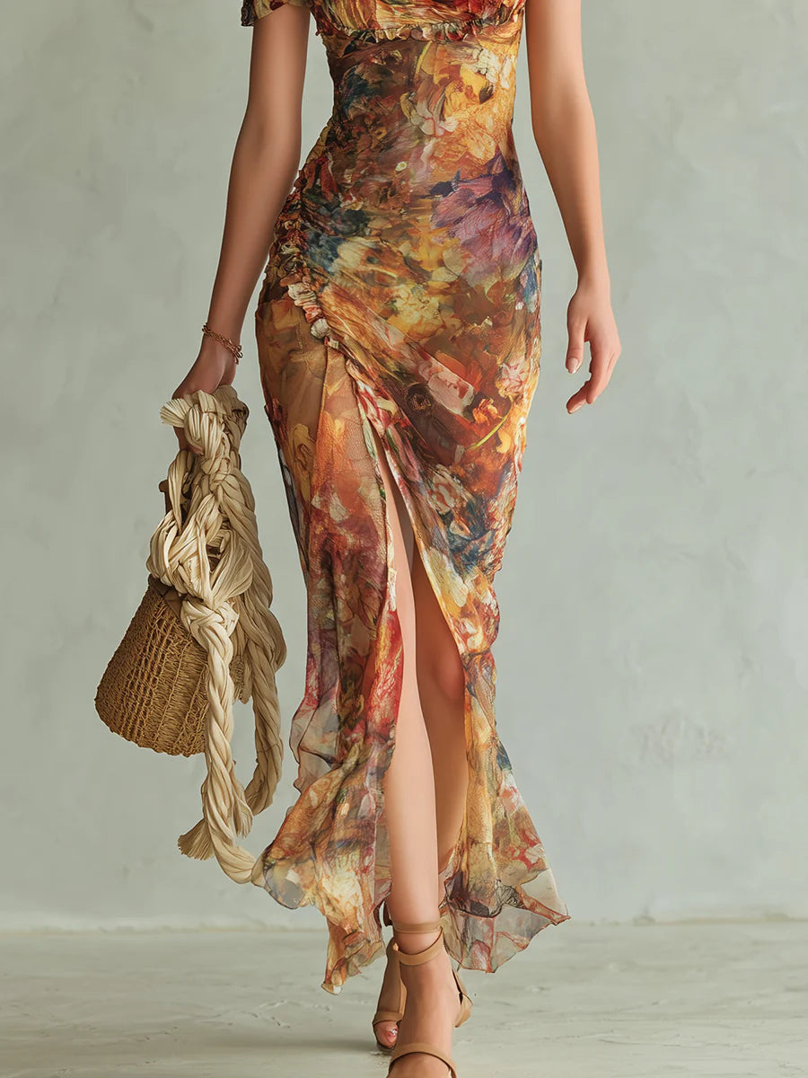 Viola - Robe longue en chiffon orange avec impression de peinture à l'huile dans un style bohème