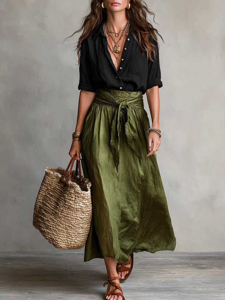 Vera™ | Ensemble de deux pièces : t-shirt noir et jupe midi olive