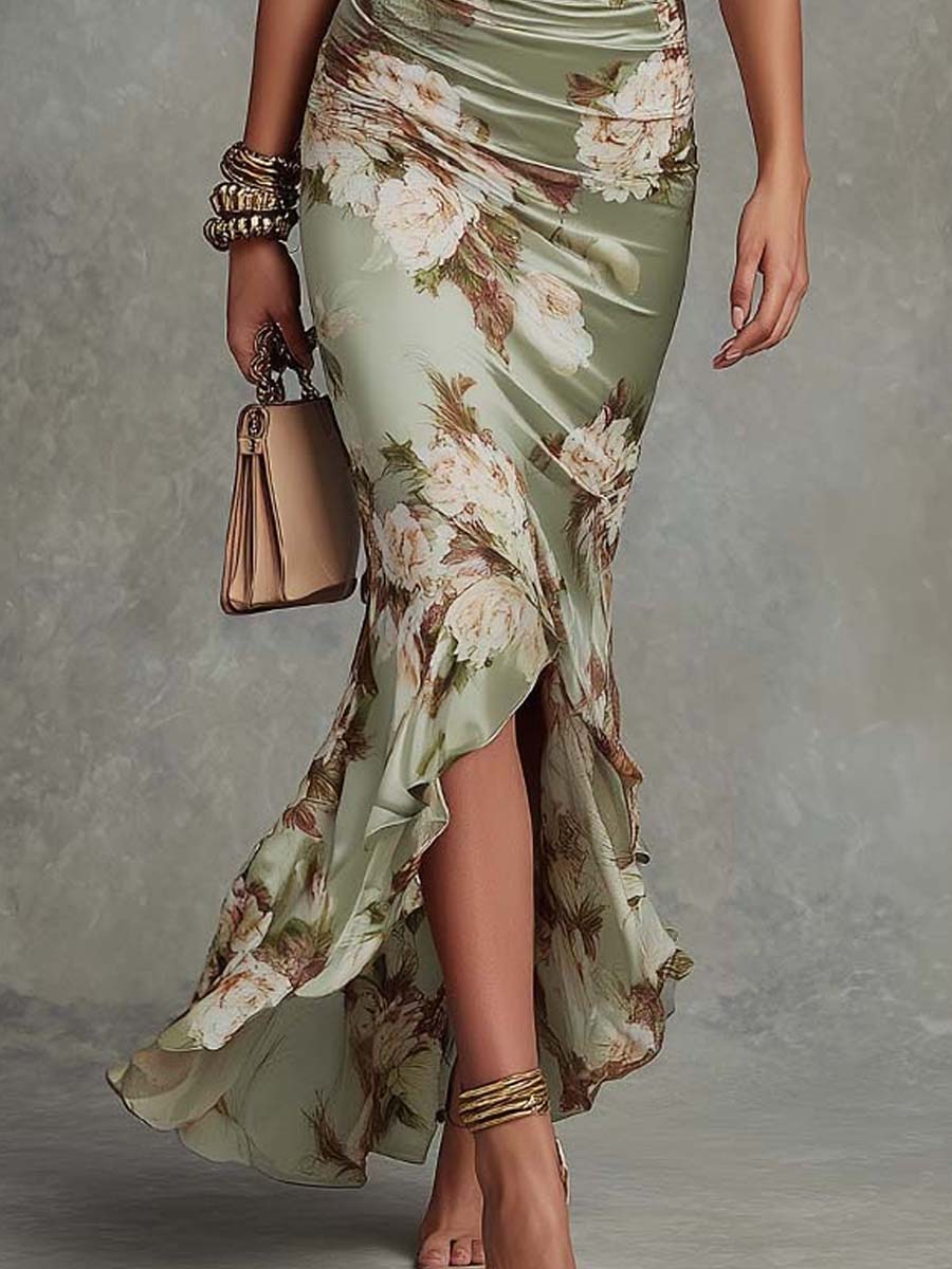 Ana - Robe longue asymétrique en vert avec décolleté en V