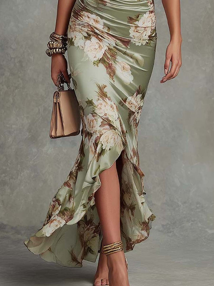 Ana - Robe longue asymétrique en vert avec décolleté en V