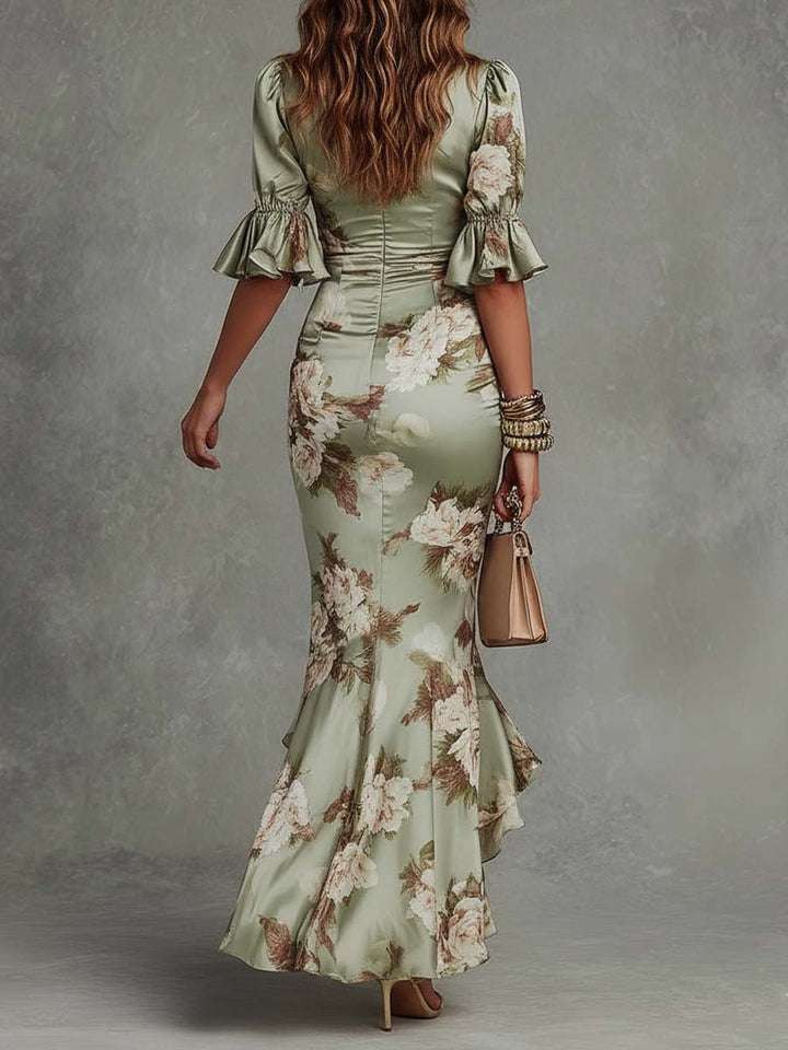 Ana - Robe longue asymétrique en vert avec décolleté en V
