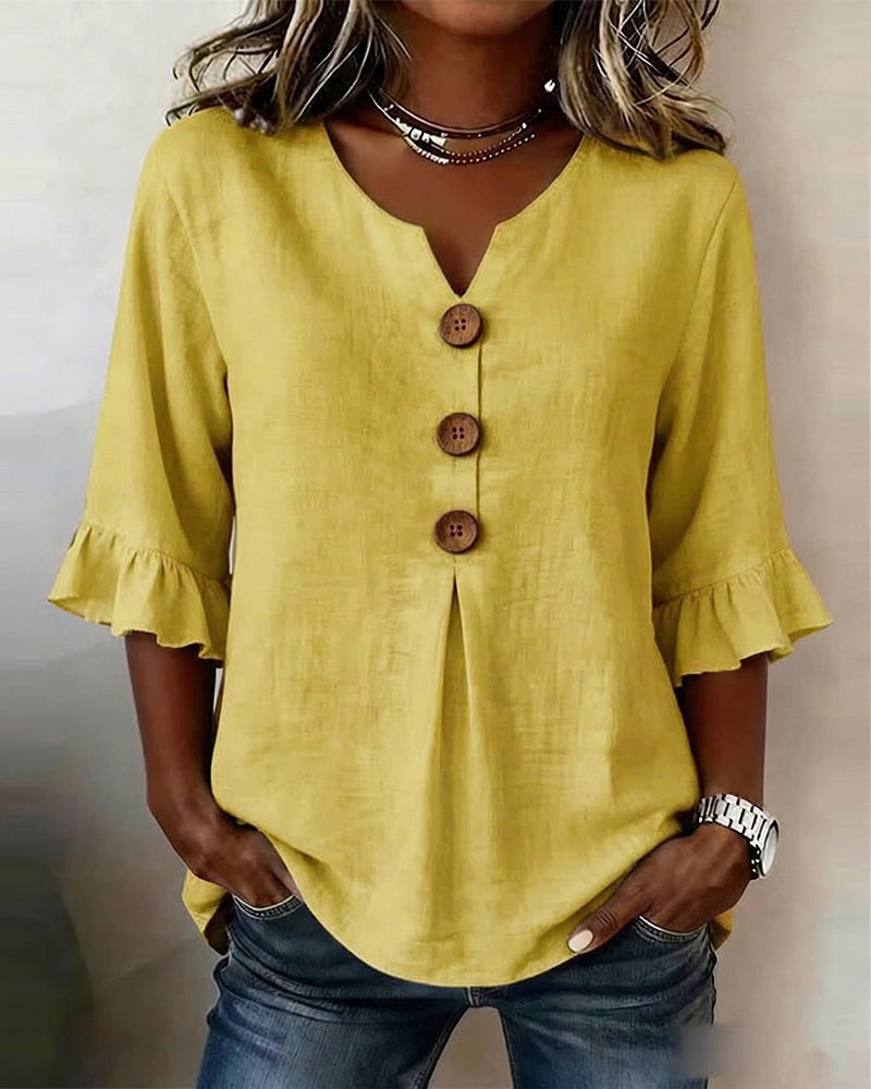 Blouse Sophia unie en coton-lin avec boutons en bois et volant