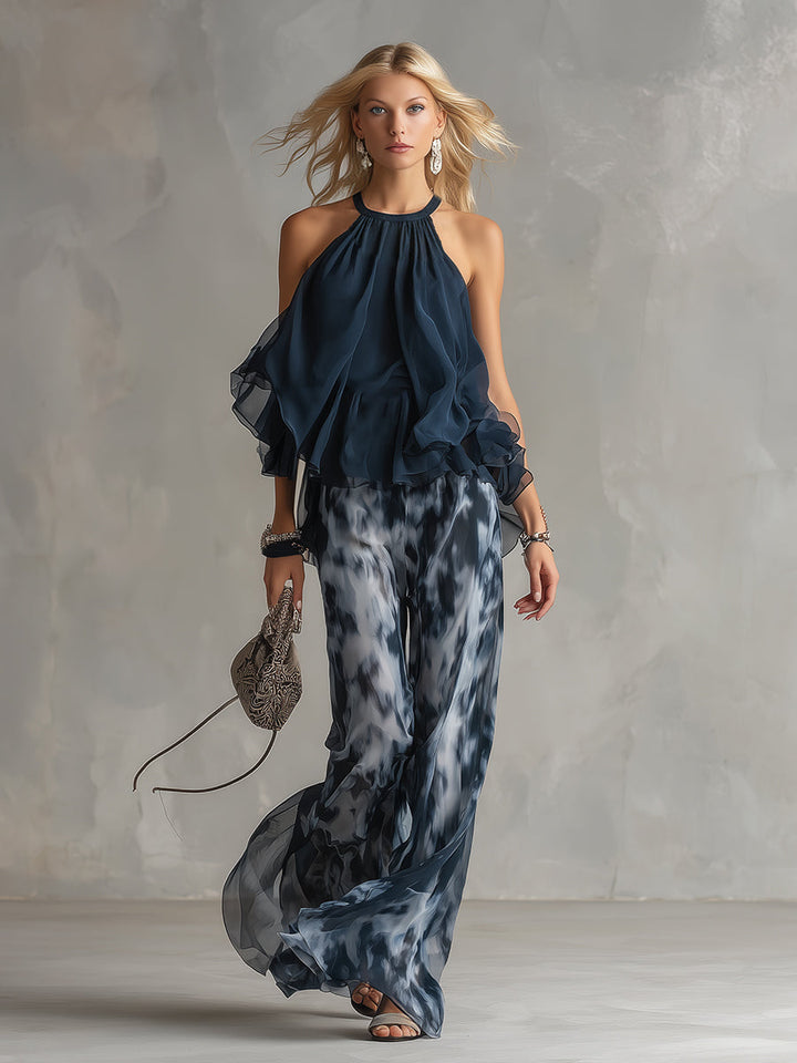 Ludovica - élégante en chiffon avec col montant et pantalon large imprimé