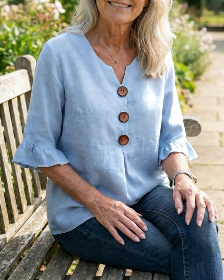 Blouse Sophia unie en coton-lin avec boutons en bois et volant