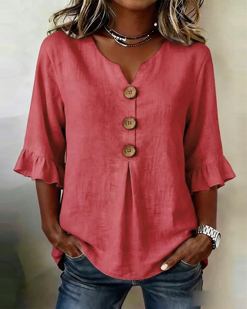 Blouse Sophia unie en coton-lin avec boutons en bois et volant