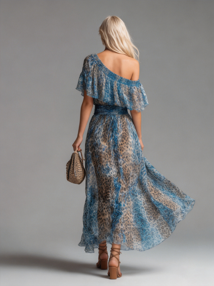 Selvaggia - Robe longue en chiffon avec imprimé léopard et épaules nues
