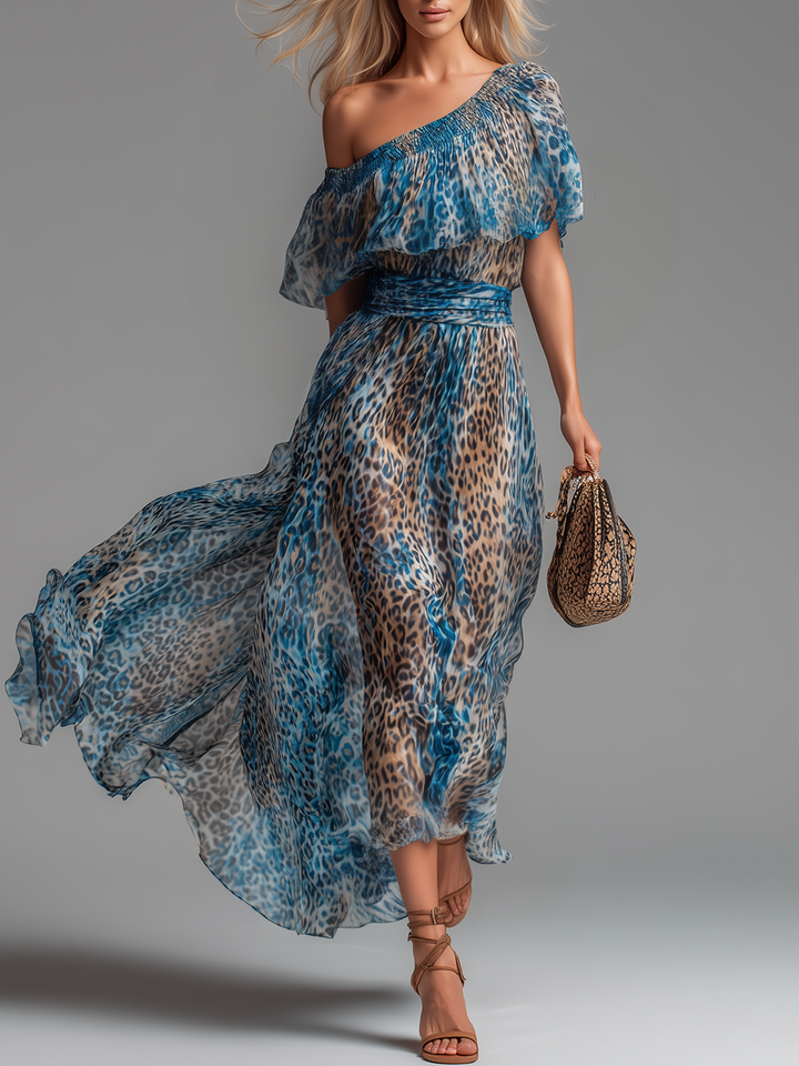 Selvaggia - Robe longue en chiffon avec imprimé léopard et épaules nues