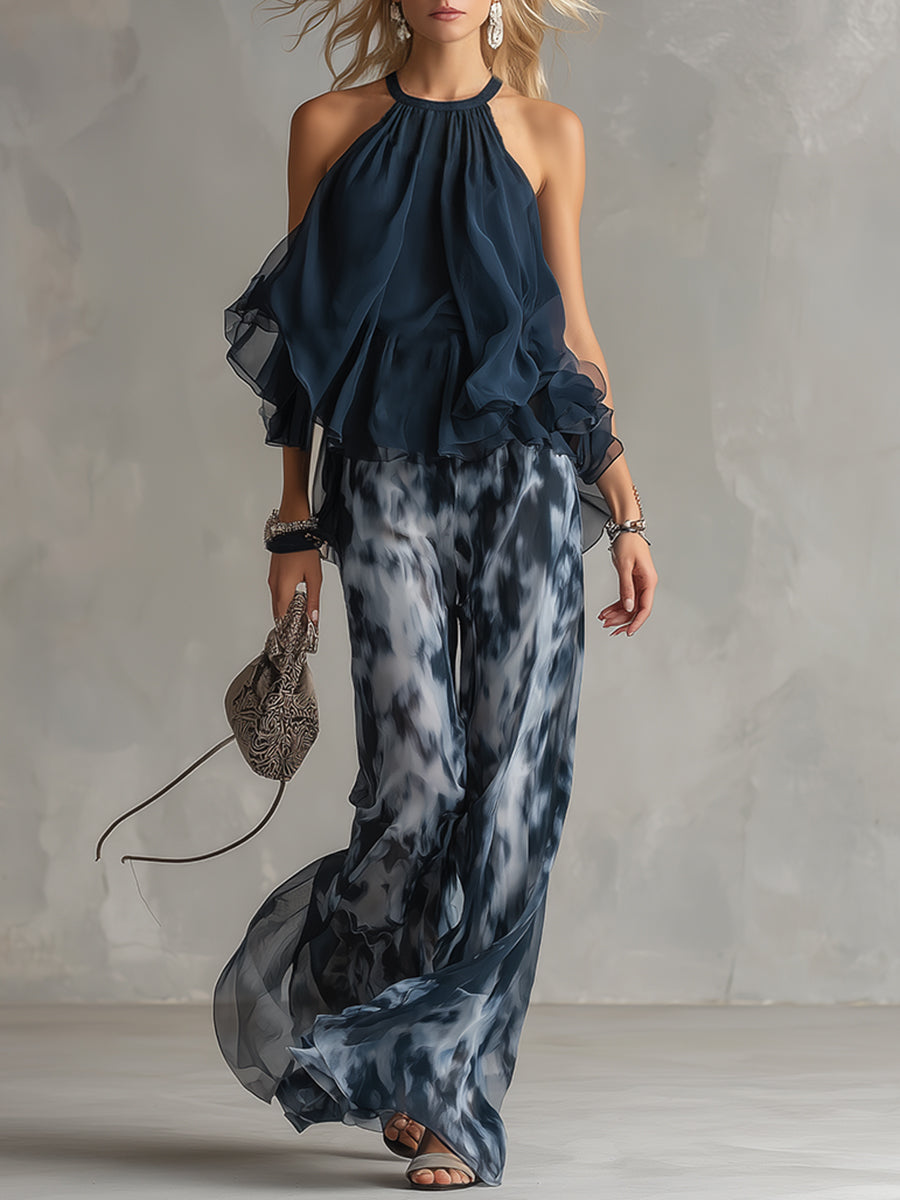Ludovica - élégante en chiffon avec col montant et pantalon large imprimé
