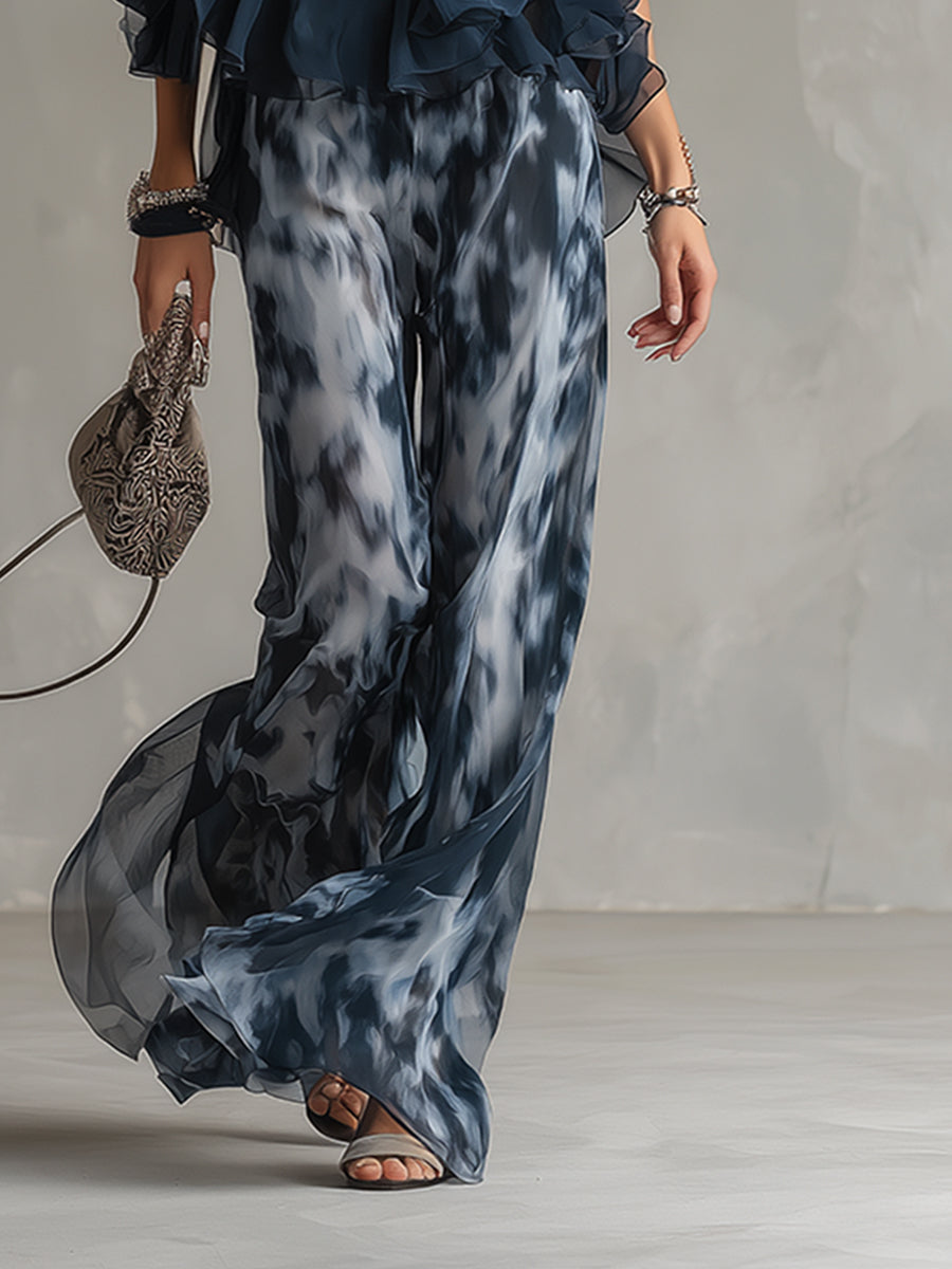Ludovica - élégante en chiffon avec col montant et pantalon large imprimé